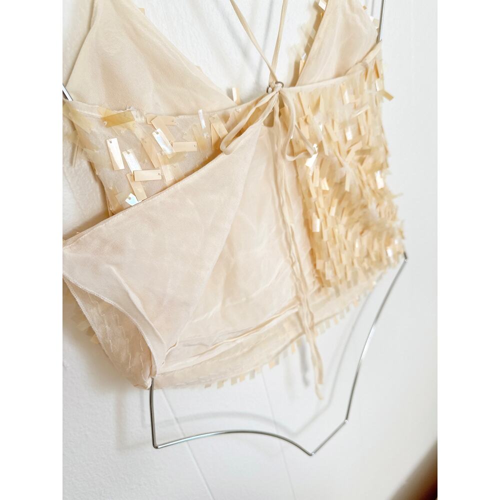 Vtg 90s/ Y2K BCBGMAXAZRIA Cream Sequin Silk Fringe Top Fairy Whimsy Clubwear - Picture 7 of 9